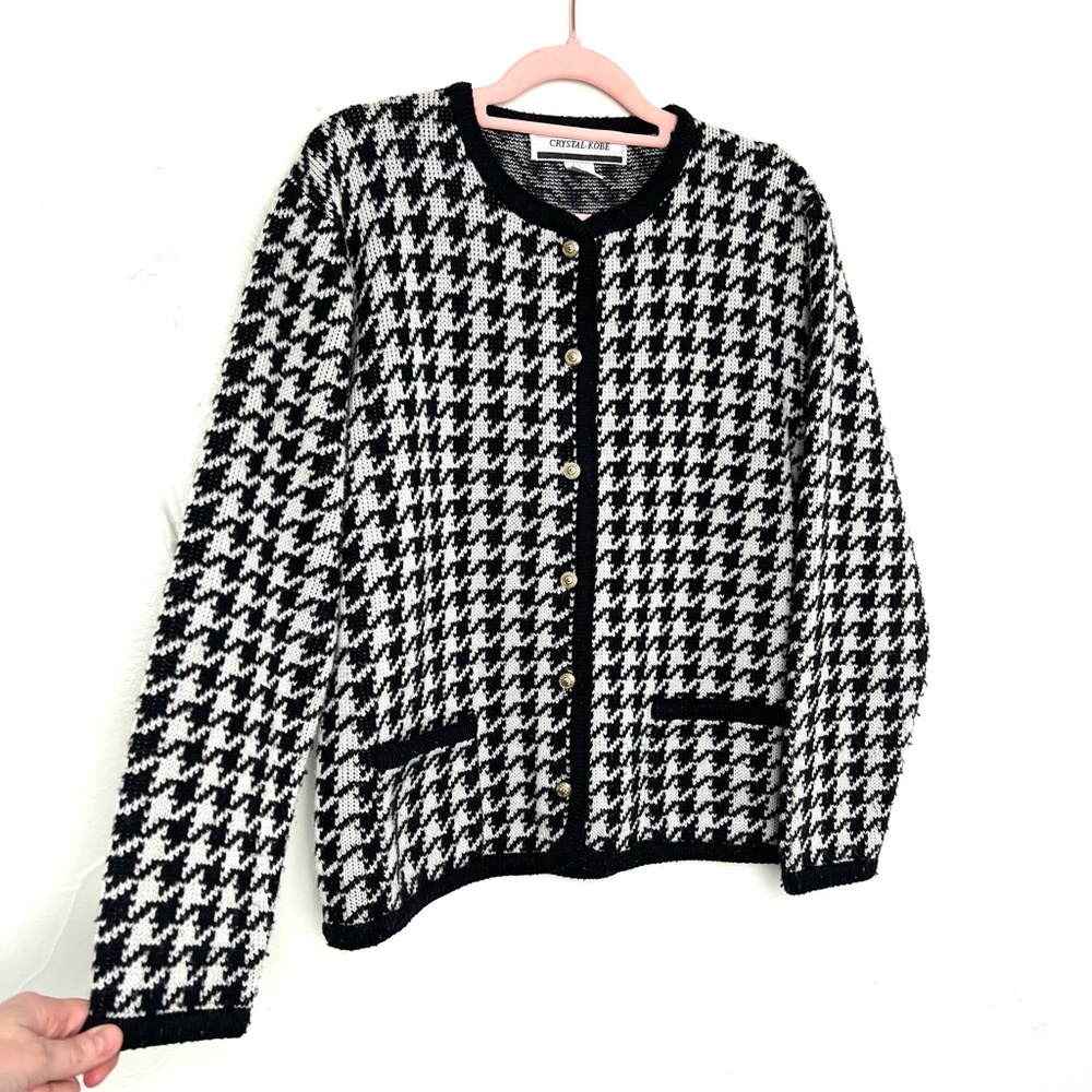 Crystal-Kobe Black and white Houndstooth Cardigan with Gold Buttons